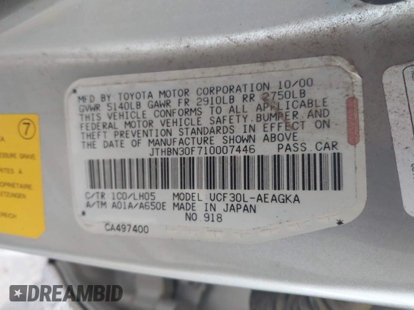 2001 Lexus LS 430 z VIN JTHBN30F710007446, wystawiony jako IAAI lot #42219047 z przebiegiem Nie podano mil oraz . Historia ofert i sprzedaży dostępna na DreamBid. Obrazek 9.
