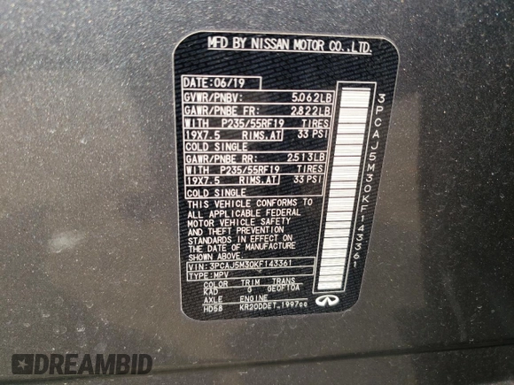 2019 Infiniti QX50 Essential with VIN 3PCAJ5M30KF143361, listed as a Copart auction lot 59331745 with 51,341 mi miles and Salvage title. Bid and sale history available at DreamBid. Image 13.