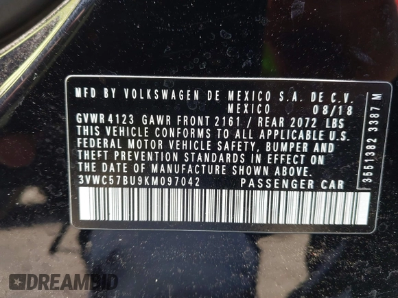 2019 Volkswagen Jetta S with VIN 3VWC57BU9KM097042, listed as a IAAI auction lot 42443732 with 113,609 mi miles and . Bid and sale history available at DreamBid. Image 9.