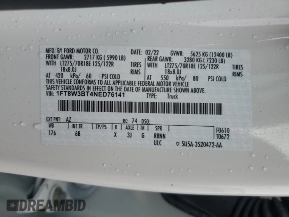 2022 Ford F-350 XL with VIN 1FT8W3BT4NED76141, listed as a Copart auction lot 45808095 with 58,568 mi miles and Salvage title. Bid and sale history available at DreamBid. Image 12.