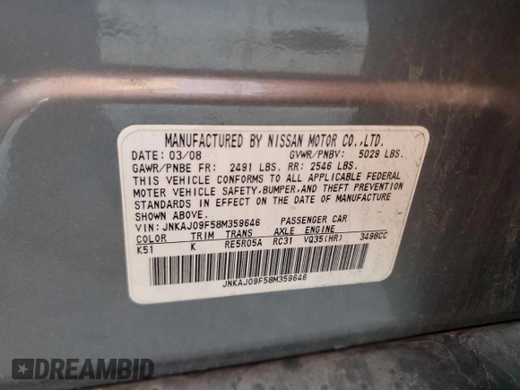 2008 Infiniti EX Journey with VIN JNKAJ09F58M359646, listed as a Copart auction lot 79683914 with 145,839 mi miles and Salvage Title. Bid and sale history available at DreamBid. Image 14.