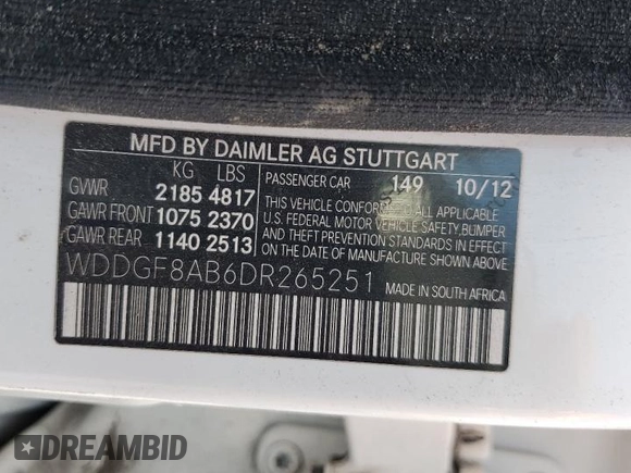 2013 Mercedes-Benz C 300 Sport with VIN WDDGF8AB6DR265251, listed as a Copart auction lot 59912985 with Not provided miles and Salvage title. Bid and sale history available at DreamBid. Image 12.