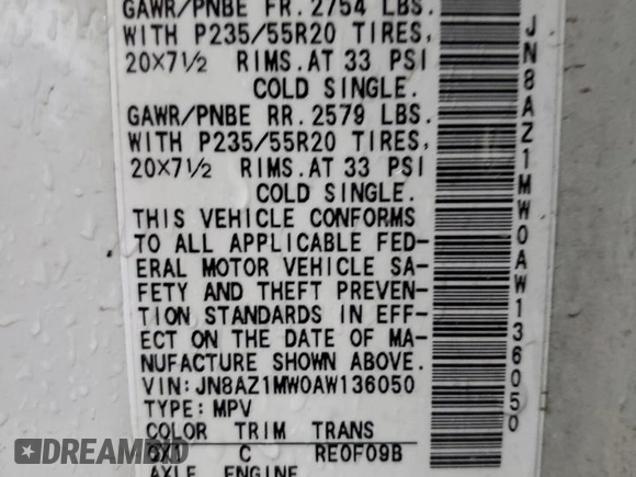 2010 Nissan Murano SL with VIN JN8AZ1MW0AW136050, listed as a Copart auction lot 56939964 with 204,262 mi miles and Salvage Title. Bid and sale history available at carsss.com. Image 13.