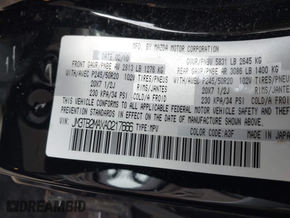 2010 Mazda CX-9 Touring with VIN JM3TB2MAXA0217666, listed as a IAAI auction lot 41861754 with 227,792 mi miles and . Bid and sale history available at DreamBid. Image 9.