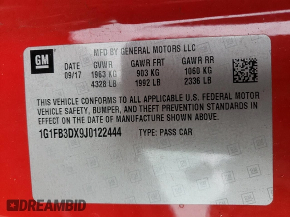 2018 Chevrolet Camaro 1LT with VIN 1G1FB3DX9J0122444, listed as a Copart auction lot 68957592 with 76,830 mi miles. Bid and sale history available at carsss.com. Image 12.