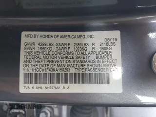 2019 Honda Accord EX with VIN 1HGCV1F43KA150293, listed as a IAAI auction lot 42592009 with 32,037 mi miles and . Bid and sale history available at DreamBid. Image 9.