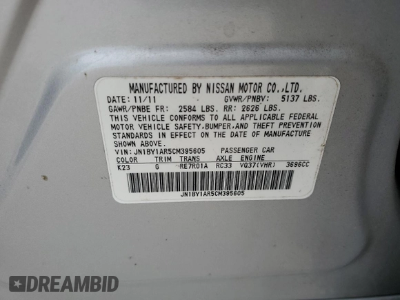 2012 Infiniti M37 with VIN JN1BY1AR5CM395605, listed as a Copart auction lot 83316794 with 64,201 mi miles and Salvage Title. Bid and sale history available at carsss.com. Image 14.