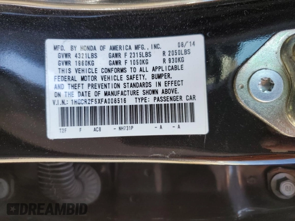 2015 Honda Accord Sport with VIN 1HGCR2F5XFA008516, listed as a Copart auction lot 52334135 with 195,896 mi miles and Salvage Title. Bid and sale history available at DreamBid. Image 13.