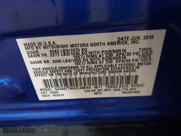 2015 Mitsubishi Outlander Sport ES with VIN 4A4AR3AU9FE042443, listed as a IAAI auction lot 41789322 with 85,436 mi miles. Bid and sale history available at carsss.com. Image 9.