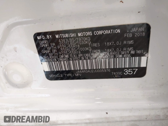 2018 Mitsubishi Outlander ES with VIN JA4AR3AU2JU005976, listed as a IAAI auction lot 42572144 with 64,251 mi miles and . Bid and sale history available at DreamBid. Image 9.