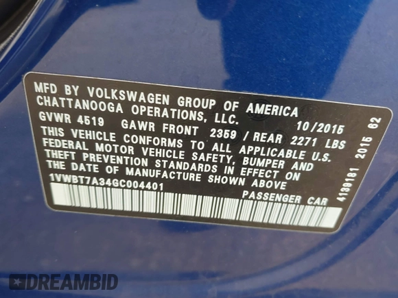 2016 Volkswagen Passat SE with VIN 1VWBT7A34GC004401, listed as a IAAI auction lot 42790444 with 106,011 mi miles and . Bid and sale history available at DreamBid. Image 9.