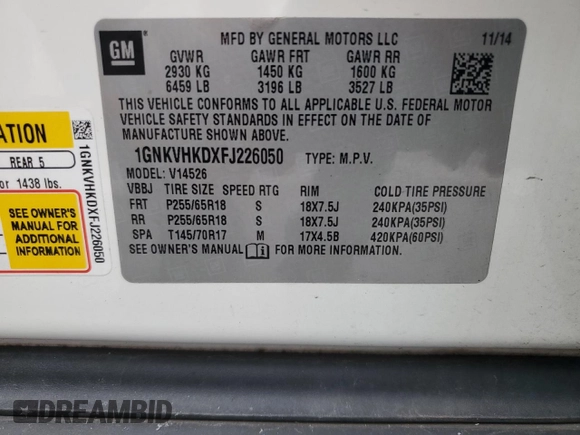 2015 Chevrolet Traverse LT with VIN 1GNKVHKDXFJ226050, listed as a Copart auction lot 87545385 with 129,120 mi miles and Salvage title. Bid and sale history available at DreamBid. Image 13.