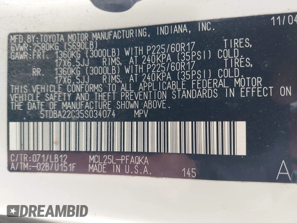 2005 Toyota Sienna XLE with VIN 5TDBA22C35S034074, listed as a IAAI auction lot 42087561 with 108,608 mi miles. Bid and sale history available at carsss.com. Image 9.