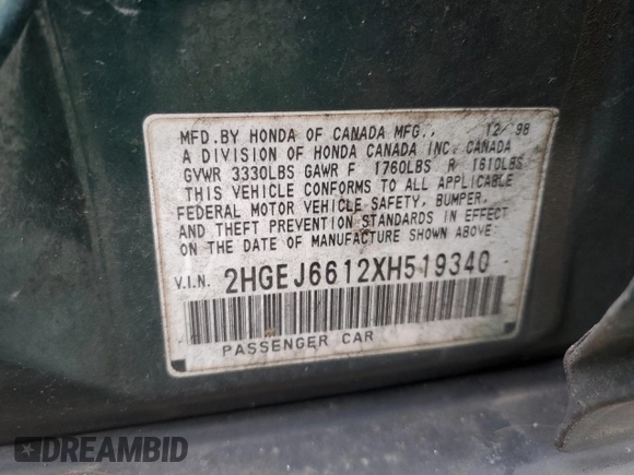 1999 Honda Civic VP z VIN 2HGEJ6612XH519340, wystawiony jako Copart lot #45510895 z przebiegiem 192 955 mil mil oraz Szkoda całkowita • Salvage title. Historia ofert i sprzedaży dostępna na DreamBid. Obrazek 12.