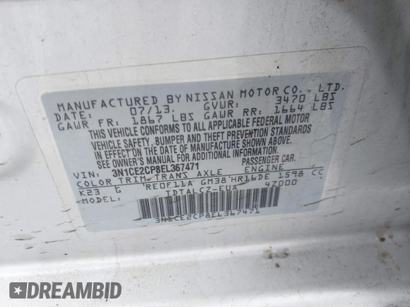 2014 Nissan Note S with VIN 3N1CE2CP8EL367471, listed as a IAAI auction lot 41451652 with 161,616 mi miles and . Bid and sale history available at DreamBid. Image 9.