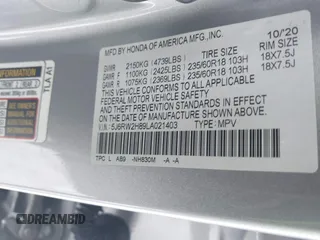 2020 Honda CR-V EX-L with VIN 5J6RW2H89LA021403, listed as a IAAI auction lot 41477146 with 52,210 mi miles and . Bid and sale history available at DreamBid. Image 9.