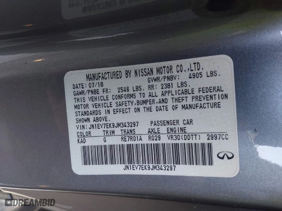 2018 Infiniti Q60 3.0t LUXE with VIN JN1EV7EK9JM343297, listed as a IAAI auction lot 41403700 with 38,995 mi miles. Bid and sale history available at carsss.com. Image 9.