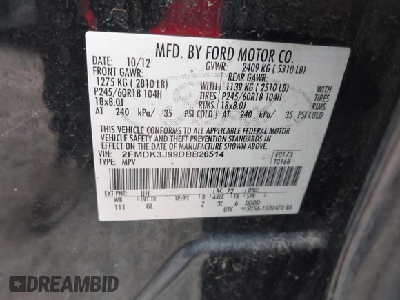 2013 Ford Edge SEL with VIN 2FMDK3J99DBB26514, listed as a IAAI auction lot 42047335 with 112,790 mi miles. Bid and sale history available at carsss.com. Image 9.