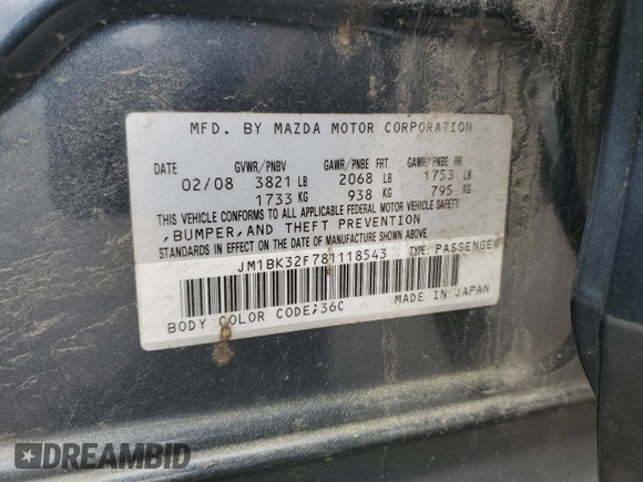2008 Mazda Mazda3 i Touring Value with VIN JM1BK32F781118543, listed as a Copart auction lot 50727505 with 151,370 mi miles and Salvage Title. Bid and sale history available at carsss.com. Image 14.