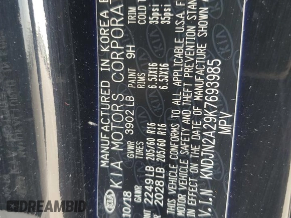 2019 Kia Soul with VIN KNDJN2A29K7693985, listed as a Copart auction lot 54877805 with Not provided miles and Salvage title. Bid and sale history available at DreamBid. Image 12.