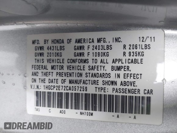 2012 Honda Accord EX with VIN 1HGCP2E72CA057259, listed as a IAAI auction lot 41367957 with 121,585 mi miles and . Bid and sale history available at DreamBid. Image 9.