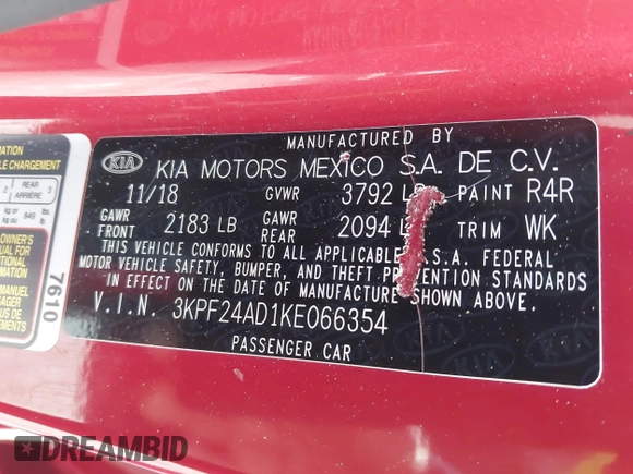 2019 Kia Forte LXS with VIN 3KPF24AD1KE066354, listed as a IAAI auction lot 41092366 with 51,280 mi miles and . Bid and sale history available at carsss.com. Image 9.