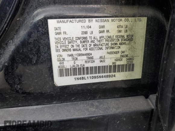 2005 Nissan Altima 3.5 SE with VIN 1N4BL11D95N448924, listed as a Copart auction lot 50790055 with 103,177 mi miles and Salvage Title. Bid and sale history available at carsss.com. Image 12.