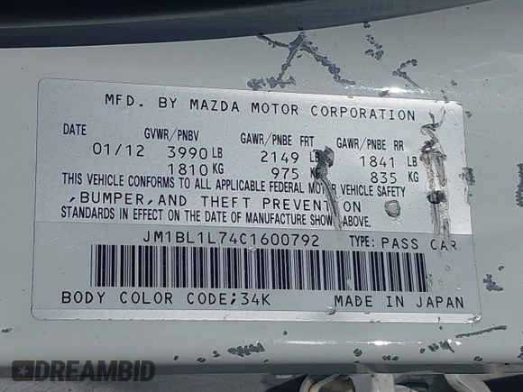 2012 Mazda 3 i Touring z VIN JM1BL1L74C1600792, wystawiony jako IAAI lot #42197953 z przebiegiem 139 930 mil mil oraz . Historia ofert i sprzedaży dostępna na DreamBid. Obrazek 9.