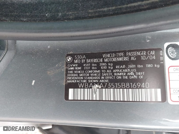 2005 BMW 5 Series 530i with VIN WBANA73515B816940, listed as a IAAI auction lot 41927940 with 999,999 mi miles. Bid and sale history available at carsss.com. Image 9.