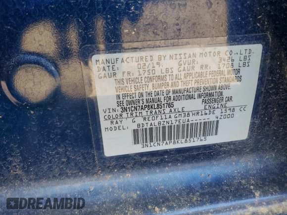 2019 Nissan Versa SV z VIN 3N1CN7AP8KL851765, wystawiony jako Copart lot #55996475 z przebiegiem 98 334 mil mil oraz Szkoda całkowita • Salvage title. Historia ofert i sprzedaży dostępna na DreamBid. Obrazek 12.