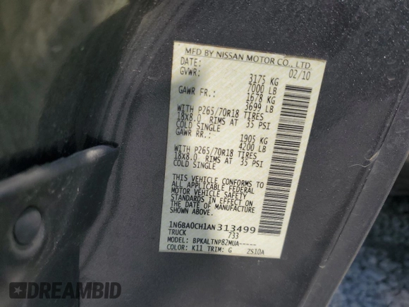 2010 Nissan Titan SE with VIN 1N6BA0CH1AN313499, listed as a Copart auction lot 62477765 with 278,652 mi miles and Salvage title. Bid and sale history available at DreamBid. Image 12.