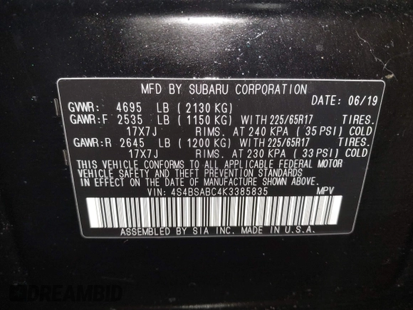 2019 Subaru Outback with VIN 4S4BSABC4K3385835, listed as a IAAI auction lot 41448366 with 50,254 mi miles and . Bid and sale history available at DreamBid. Image 9.