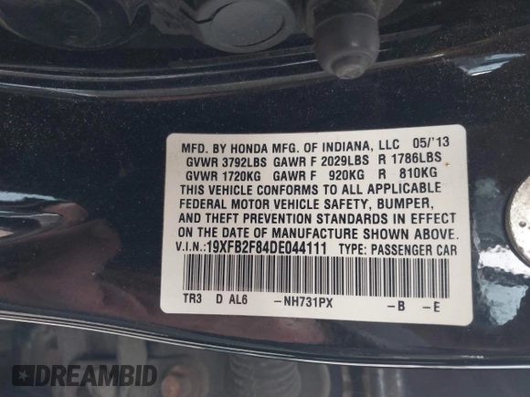 2013 Honda Civic EX with VIN 19XFB2F84DE044111, listed as a IAAI auction lot 42063587 with 170,374 mi miles and . Bid and sale history available at DreamBid. Image 9.