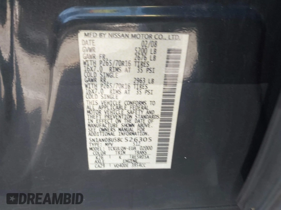 2008 Nissan Xterra S with VIN 5N1AN08U58C526305, listed as a IAAI auction lot 41818913 with Not Provided miles and . Bid and sale history available at DreamBid. Image 9.