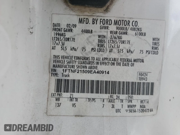 2009 Ford F-250 XL with VIN 1FTNF21509EA40914, listed as a Copart auction lot 44784735 with Not Provided miles and Non Repairable. Bid and sale history available at DreamBid. Image 12.
