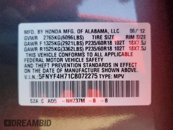 2012 Honda Pilot EX-L with VIN 5FNYF4H71CB072275, listed as a Copart auction lot 43347615 with Not Provided miles and Salvage Title. Bid and sale history available at DreamBid. Image 13.