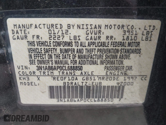 2012 Nissan Sentra S z VIN 3N1AB6AP0CL688850, wystawiony jako IAAI lot #42385859 z przebiegiem 160 182 mil mil oraz . Historia ofert i sprzedaży dostępna na DreamBid. Obrazek 9.