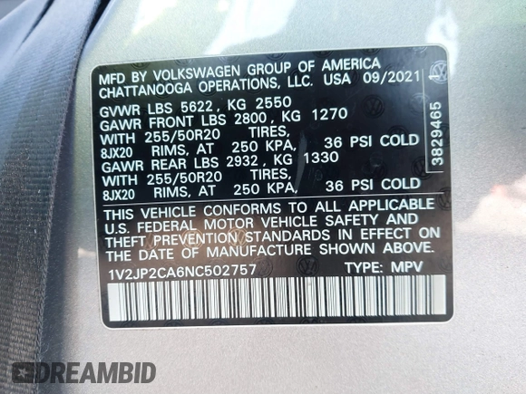 2022 Volkswagen Atlas SE z VIN 1V2JP2CA6NC502757, wystawiony jako IAAI lot #41247026 z przebiegiem 70 124 mil mil oraz . Historia ofert i sprzedaży dostępna na DreamBid. Obrazek 9.