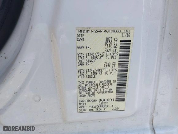 2017 Nissan NV Cargo S with VIN 1N6BF0KMXHN800601, listed as a IAAI auction lot 41972198 with 208,279 mi miles. Bid and sale history available at carsss.com. Image 9.