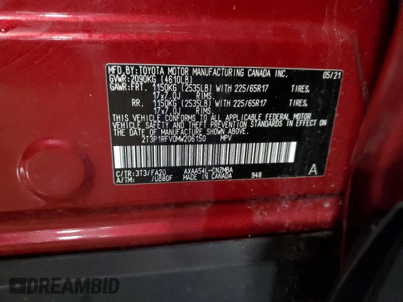 2021 Toyota RAV4 XLE z VIN 2T3P1RFV0MW206150, wystawiony jako Copart lot #57172615 z przebiegiem 55 051 mil mil oraz Szkoda całkowita • Salvage title. Historia ofert i sprzedaży dostępna na DreamBid. Obrazek 12.
