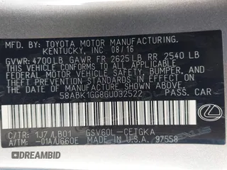 2016 Lexus ES with VIN 58ABK1GG8GU032522, listed as a IAAI auction lot 41666584 with 60,416 mi miles and . Bid and sale history available at carsss.com. Image 9.