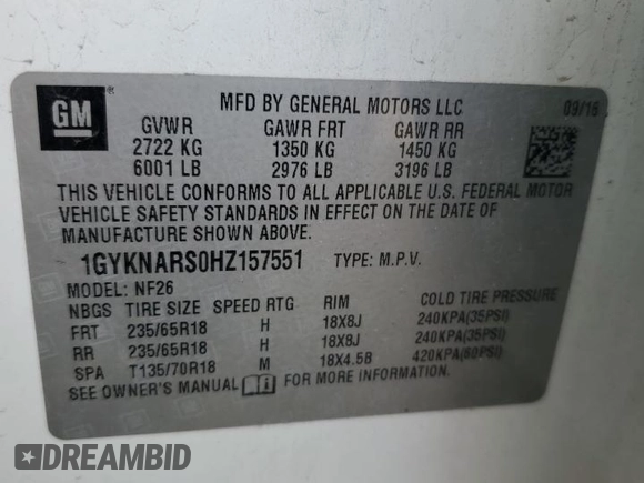 2017 Cadillac XT5 FWD with VIN 1GYKNARS0HZ157551, listed as a Copart auction lot 55281725 with 144,077 mi miles and Clean title. Bid and sale history available at DreamBid. Image 13.