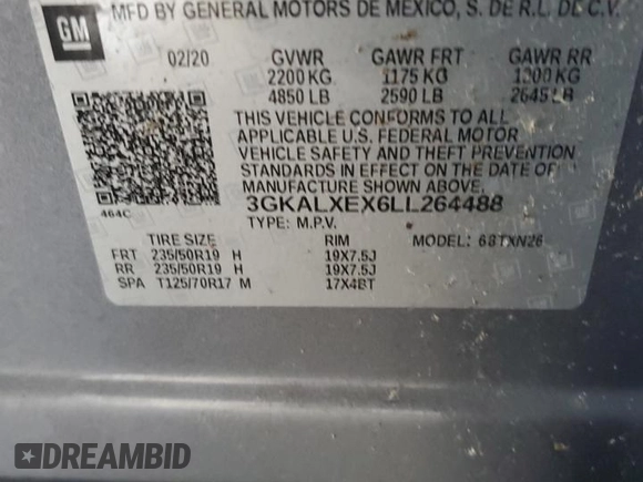 2020 GMC Terrain Denali with VIN 3GKALXEX6LL264488, listed as a Copart auction lot 57937825 with 49,319 mi miles and Salvage title. Bid and sale history available at DreamBid. Image 12.