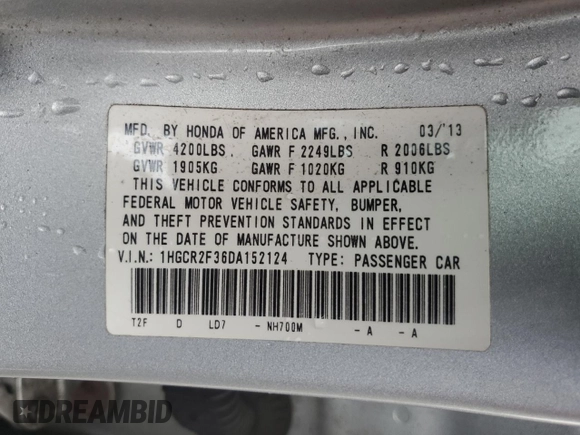 2013 Honda Accord LX z VIN 1HGCR2F36DA152124, wystawiony jako Copart lot #50960175 z przebiegiem 86 907 mil mil oraz Szkoda całkowita • Salvage title. Historia ofert i sprzedaży dostępna na DreamBid. Obrazek 14.