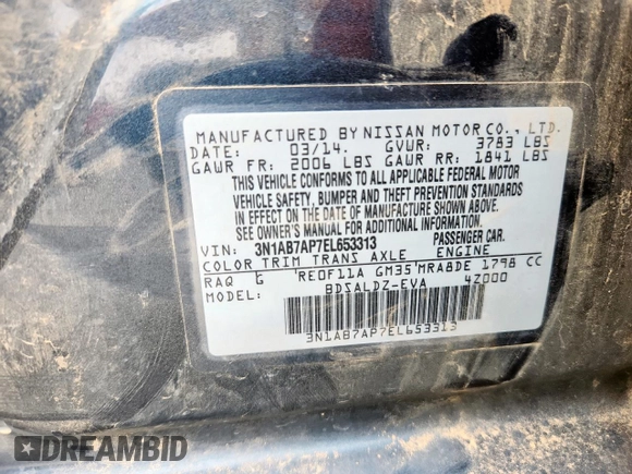 2014 Nissan Sentra SV with VIN 3N1AB7AP7EL653313, listed as a Copart auction lot 59536475 with 126,048 mi miles and Salvage title. Bid and sale history available at DreamBid. Image 12.
