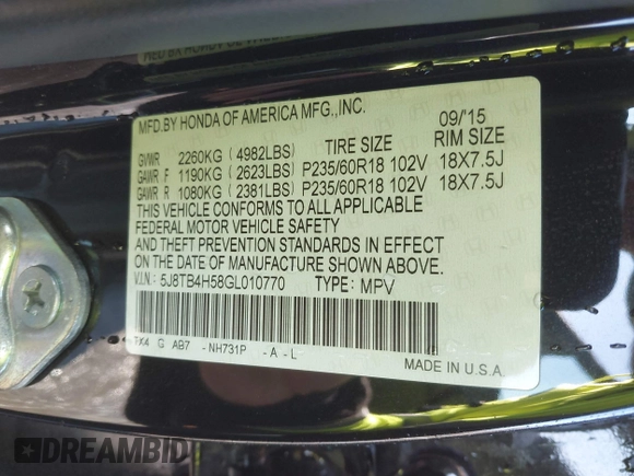 2016 Acura RDX Tech Pkg with VIN 5J8TB4H58GL010770, listed as a IAAI auction lot 41389335 with 107,619 mi miles. Bid and sale history available at carsss.com. Image 9.