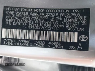 2011 Toyota Prius I with VIN JTDKN3DU3B5327412, listed as a IAAI auction lot 42004987 with 314,253 mi miles. Bid and sale history available at carsss.com. Image 9.