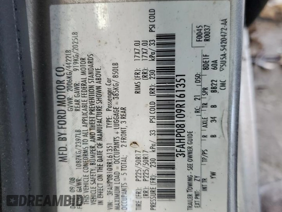 2009 Ford Fusion SEL with VIN 3FAHP08109R161351, listed as a Copart auction lot 52208995 with 183,650 mi miles and Clean Title. Bid and sale history available at DreamBid. Image 12.