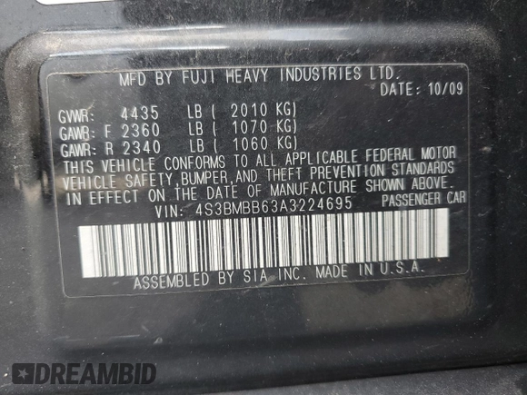 2010 Subaru Legacy Premium with VIN 4S3BMBB63A3224695, listed as a Copart auction lot 77875534 with Not provided miles and Salvage title. Bid and sale history available at DreamBid. Image 13.