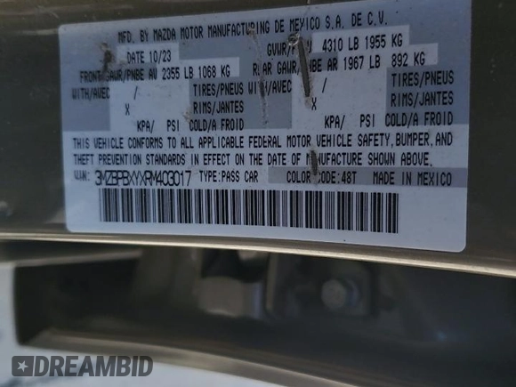 2024 Mazda 3 Carbon Edition with VIN 3MZBPBXYXRM403017, listed as a Copart auction lot 51104355 with 15,167 mi miles and Clean title. Bid and sale history available at DreamBid. Image 12.